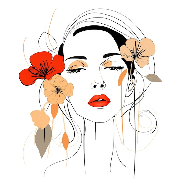 Rosto de mulher com flores Arte de linha surreal feminina garota floral PNG transparente Generative Ai