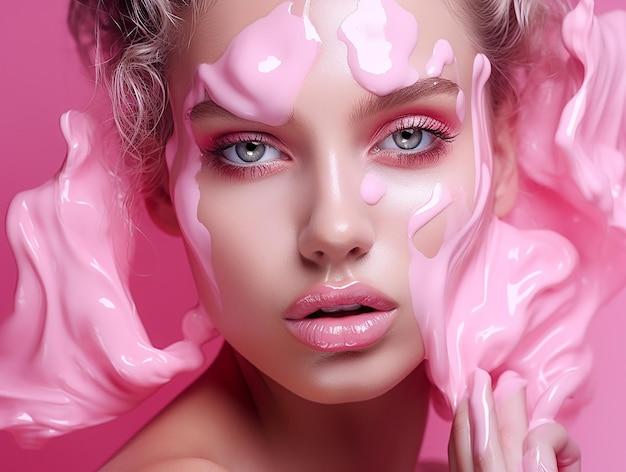 Rosto de mulher de beleza pintado em cor rosa e maquiagem rosa