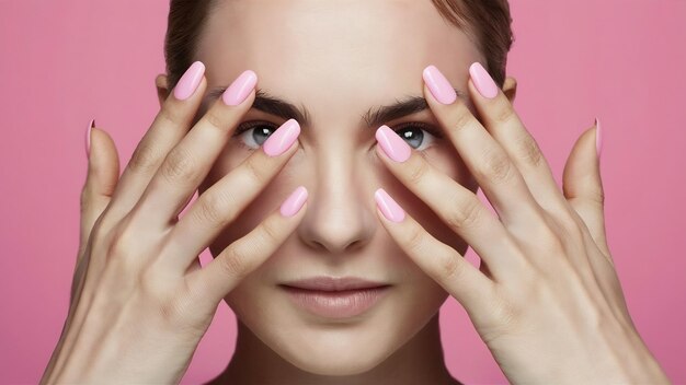 Rosto de mulher em close-up com unhas rosas perto dos olhos unhas com manicure rosa