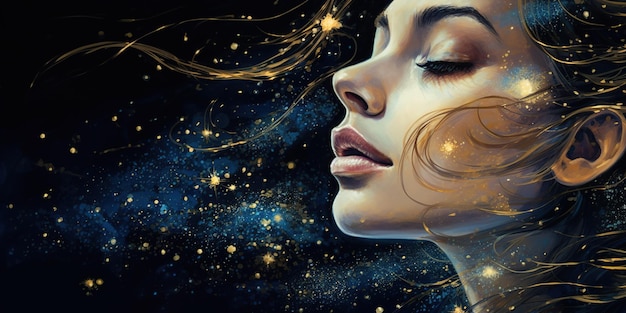 Rosto de mulher esotérica do céu noturno estrelado no brilho cósmico gerado por Ai
