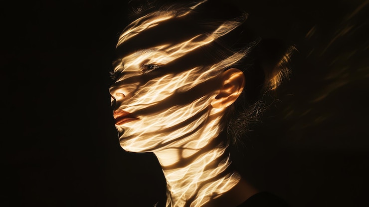 Foto rosto de mulher iluminado por padrões de luz abstratos