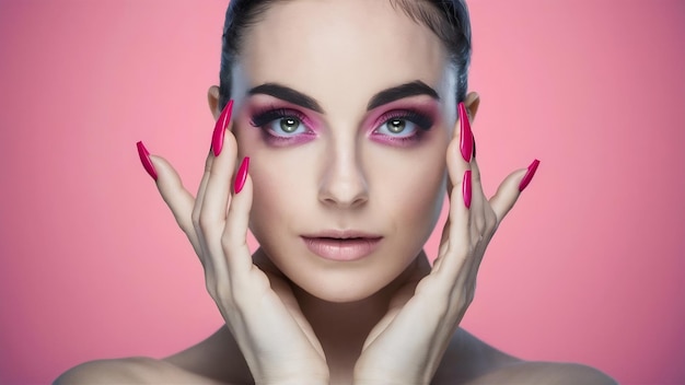 Rosto de mulher linda com maquiagem rosa de olhos e unhas retrato de modelo de moda glamour