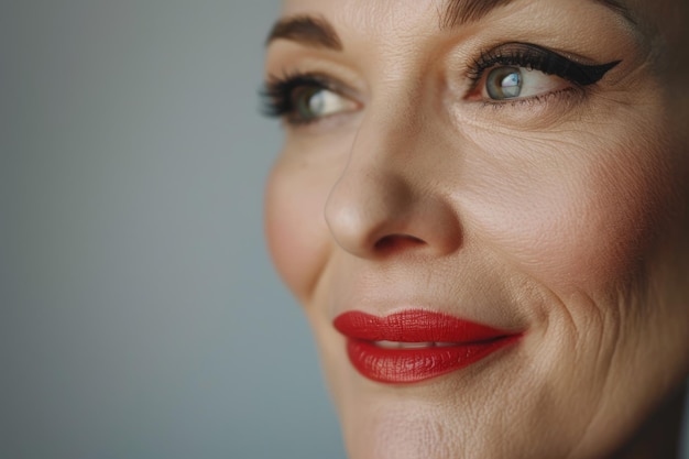 Foto rosto de mulher madura com maquiagem elegante sorrindo durante a rotina de beleza contra um fundo cinzento
