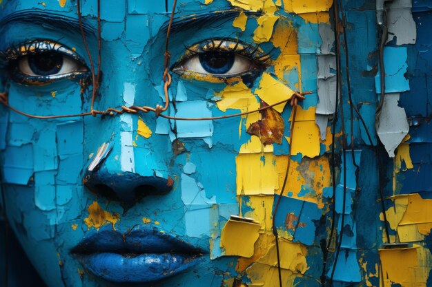 rosto de mulher pintado com tinta azul e amarela
