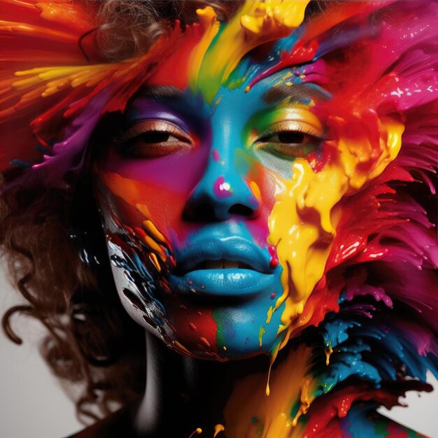 Rosto de mulher vibrantemente pintado com um salpico colorido de tinta