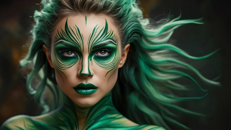 Foto rosto de perto de uma mulher linda com maquiagem criativa verde