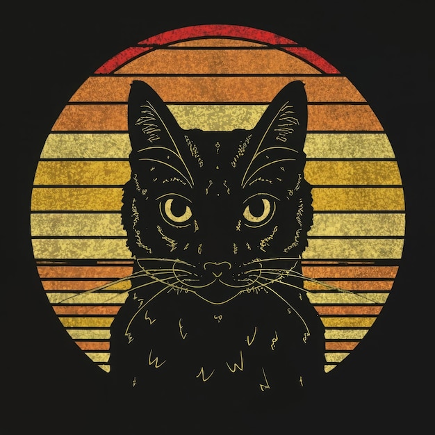 Rosto de silhueta de um gato com uma expressão de lado duvidosa contra um pôr-do-sol retro vibrante T-shirt