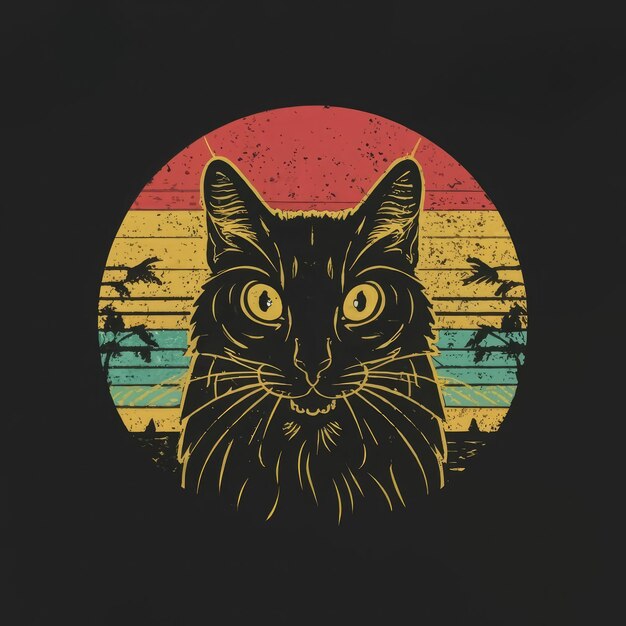 Rosto de silhueta de um gato com uma expressão de lado duvidosa contra uma camiseta de pôr-do-sol retro vibrante