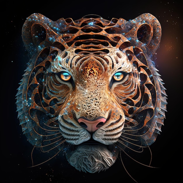 Rosto de tigre místico com formas incríveis e aparência assustadora. IA generativa