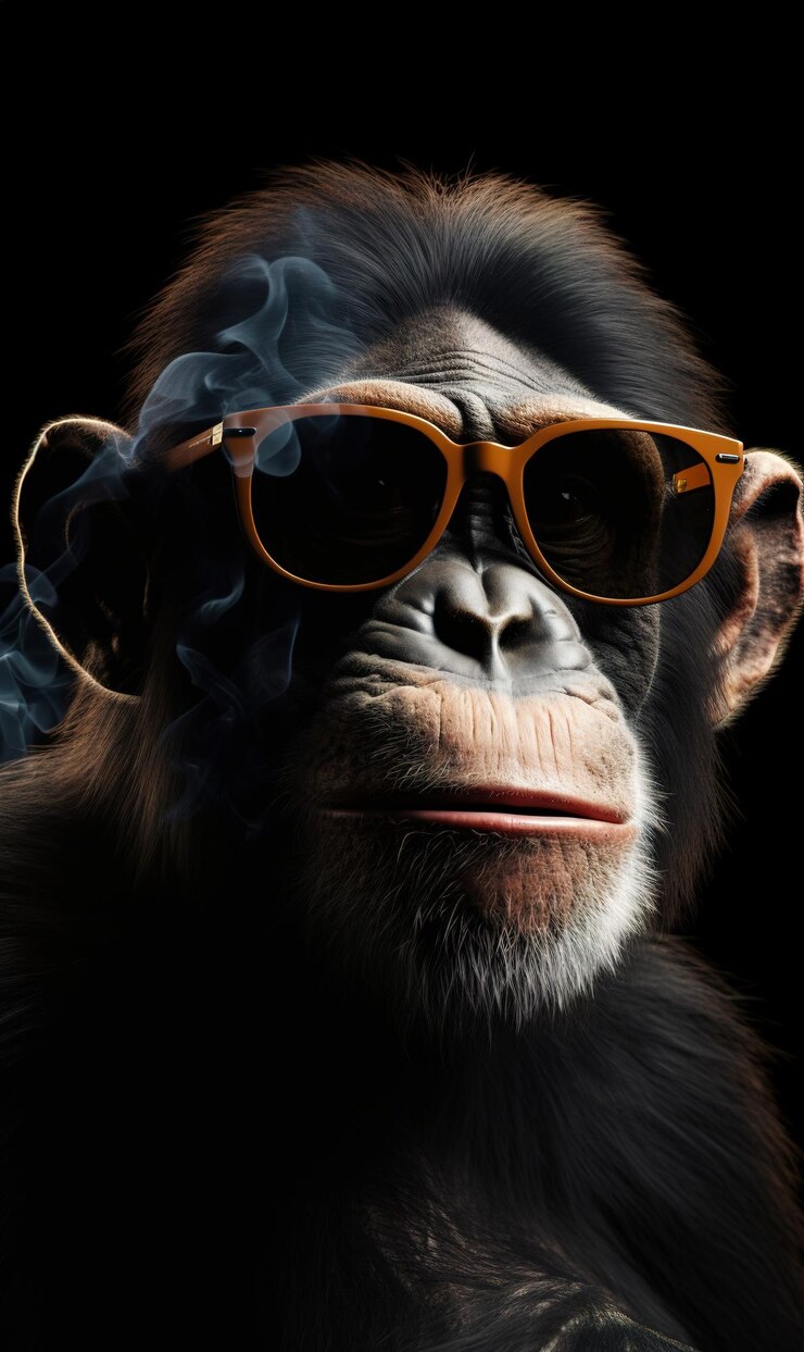 Foto rosto de um macaco de cima fumando um charuto um macaco usando óculos de sol e fumando um cigarro
