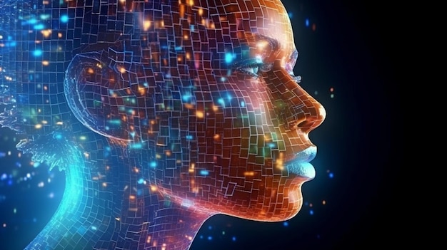 Rosto de um ser humano em abstração Generative AI Big Data e conceitos de inteligência artificial