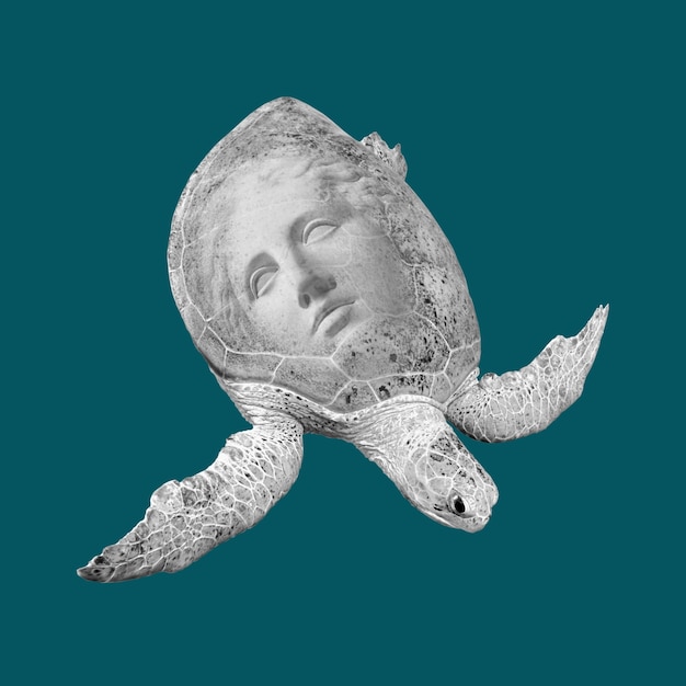 Rosto de uma estátua antiga em uma tartaruga verde do mar. Fundo de cor azul-petróleo. Arte, aventura, colagem de arte do conceito de arqueologia subaquática.