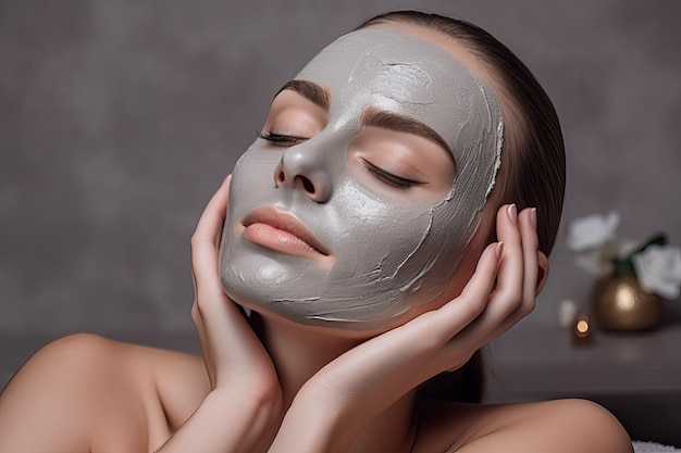 Rosto de uma jovem com uma máscara facial cinza-argila Conceito de beleza ou saúde gerado por IA