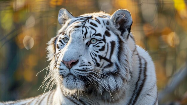 Rosto em close-up de um tigre-de-bengala branco em fundo de outono
