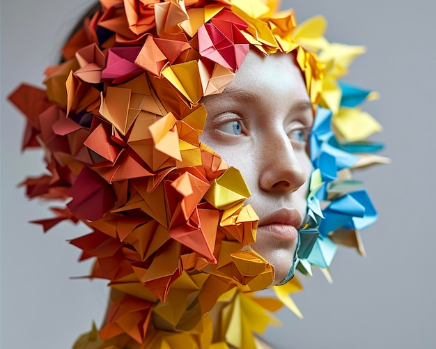 Foto rosto em close-up de uma jovem de pele clara com uma máscara de origami colorida em um fundo claro