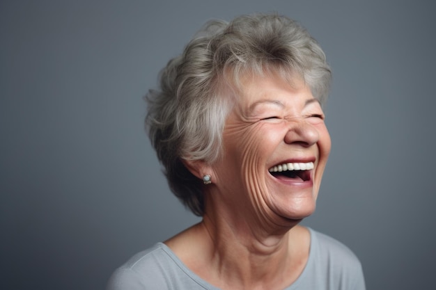 Rosto feliz e uma mulher rindo no estúdio em um fundo cinza criado com IA generativa