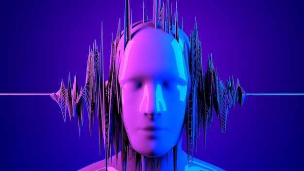 Rosto humano digital 3d em fluxo de onda de dados de som abstrato Futurista teve em fundo azul Metaverso