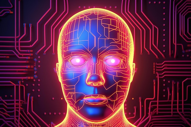Rosto humanoide do robô AI com o fundo da placa de circuito