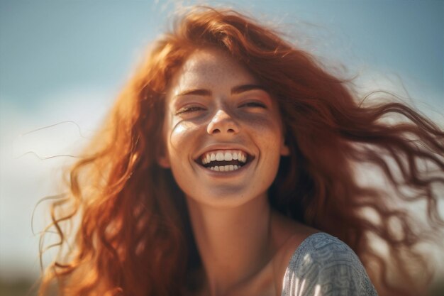 Foto rosto mulher retrato beleza feliz cabelo jovem sardas sorriso despreocupado vermelho ia generativa