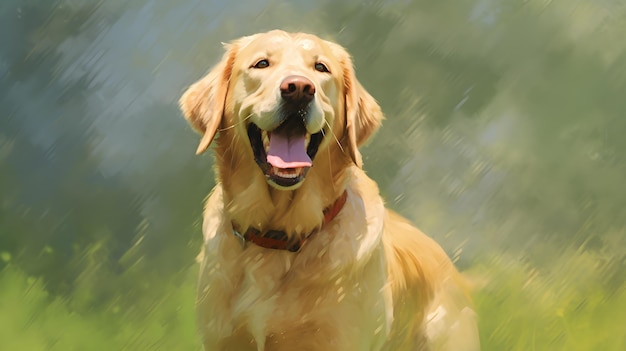Rosto sorridente de cão retriever dourado no jardim com fundo de flor