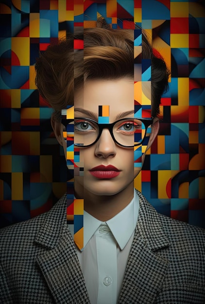 Foto rosto transformado digitalmente por uma combinação de padrões quadrados no estilo de justin roiland