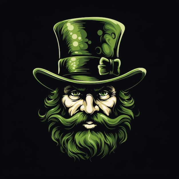 Rosto verde de um homem idoso com barba verde e bigode e chapéu em fundo preto O símbolo de cor verde do Dia de São Patrício