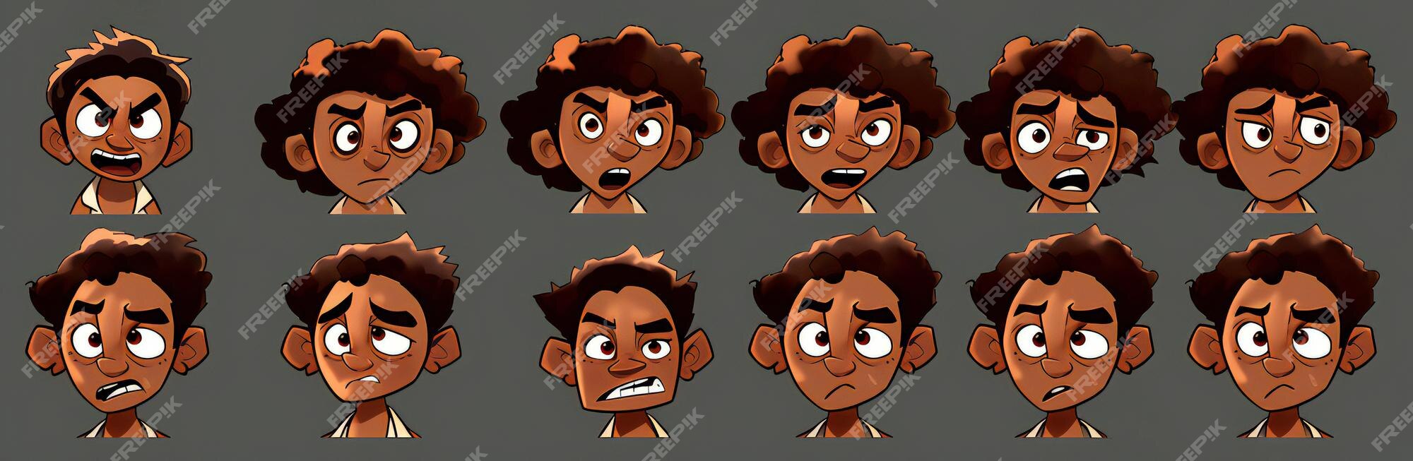 rostos de desenhos animados. boca e olhos expressivos, sorriso, choro e  expressões faciais de personagens surpresos. emoções em quadrinhos da  caricatura ou doodle emoticon. conjunto de ícones de ilustração vetorial  isolado 3498645