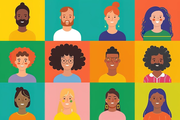 Foto rostos diversos ilustrados de pessoas contra fundos coloridos que representam o multiculturalismo e a inclusão