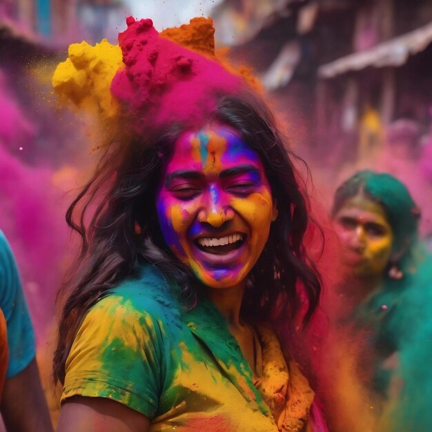 Rostos e roupas de férias indianas de Holi em tintas multicoloridas