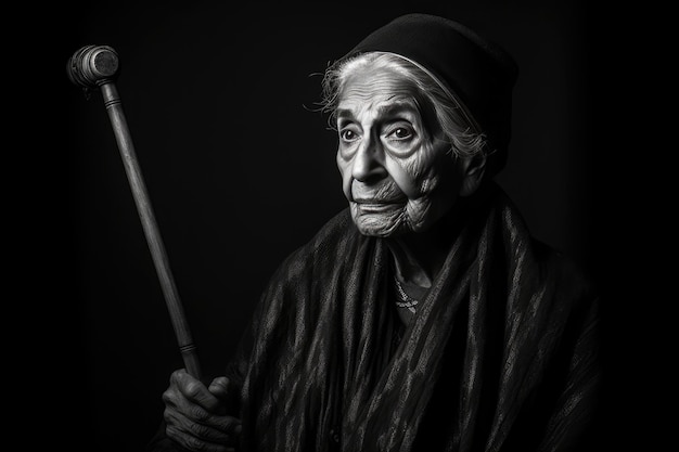 El rostro de una anciana con un palo