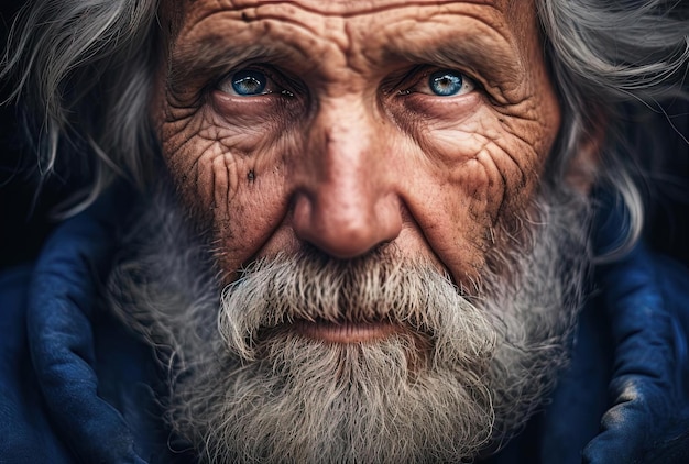 el rostro de un anciano con ojos azules