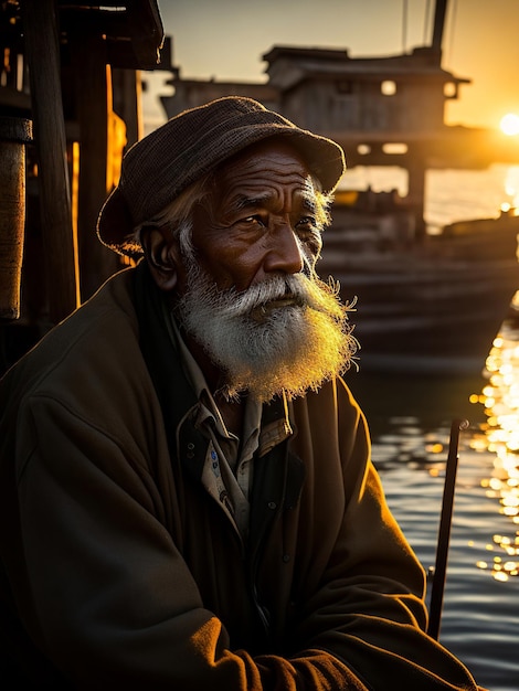 Rostro de anciano pescador contemplando su vejez