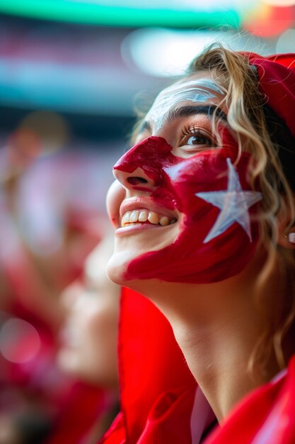 El rostro de la bandera del pavo emocionado pintado por un fanático deportivo con el fondo borroso del estadio