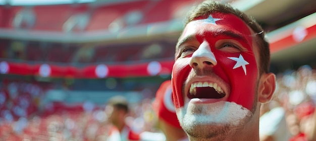 El rostro de la bandera del pavo emocionado pintado por un fanático deportivo con el fondo borroso del estadio