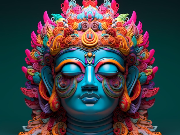 Un rostro de Buda zen con gafas de sol con elementos ornamentales de color neón Diseño psicodélico de la nueva era