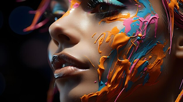 rostro de colores brillantes de una mujer con maquillaje brillante y cabello colorido IA generativa