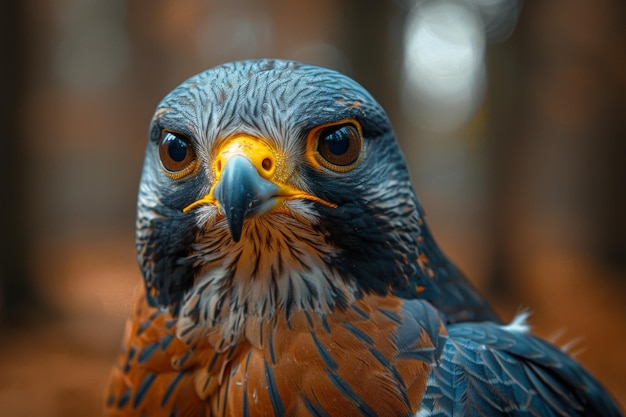 El rostro del depredador del halcón, el ojo del águila, el tinte azul, el mundo animal, el macro.