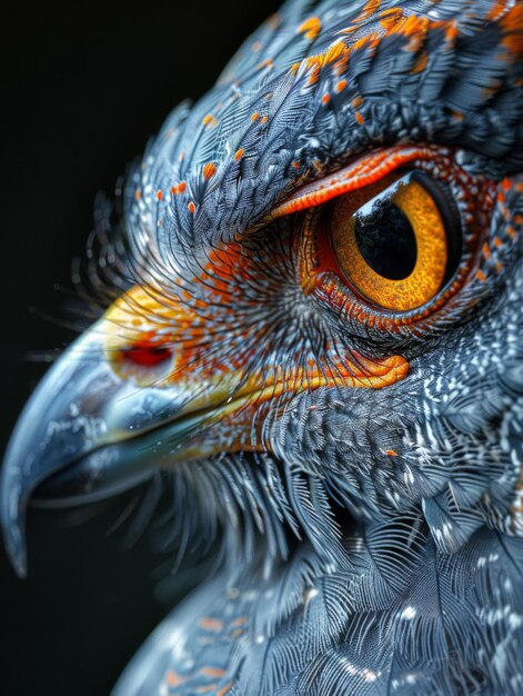 Foto el rostro del depredador del halcón, el ojo del águila, el tinte azul, el mundo animal, el macro.