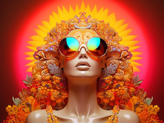 Un rostro de diosa con gafas de sol con elementos ornamentales de color neón diseño psicodélico de la nueva era