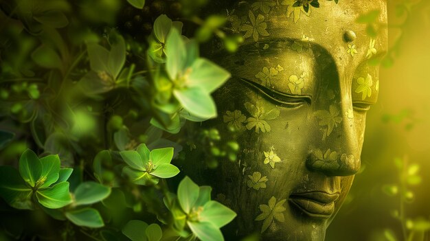 El rostro de una estatua de Buda se asoma a través de un denso tapiz de hojas verdes exuberantes y flores que encarnan a natu