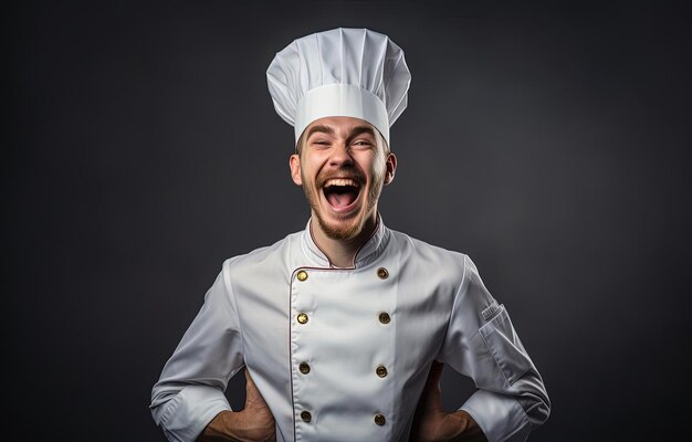 rostro feliz del joven chef haciendo un gesto emocionado sobre un fondo gris