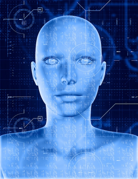 Rostro femenino 3D con tecnología de superposición de codificación
