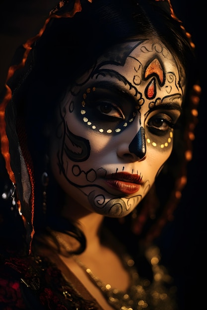 Rostro femenino calavera mexicana maquillaje dia de los muertos día de los muertos tema