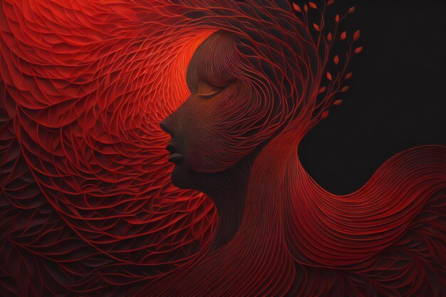 Un rostro femenino combinado con un fondo abstracto rojo generativo ai