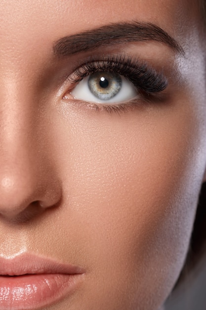 Rostro femenino con hermosas cejas y pestañas artificiales