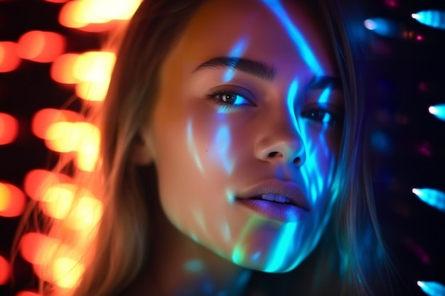 Foto el rostro de una hermosa joven iluminado por una luz led de colores