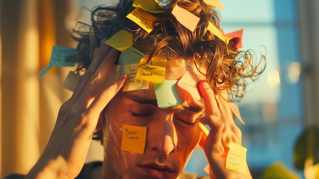El rostro del hombre cubierto de notas de todo postit con las manos agarrando el cabello en la cabeza