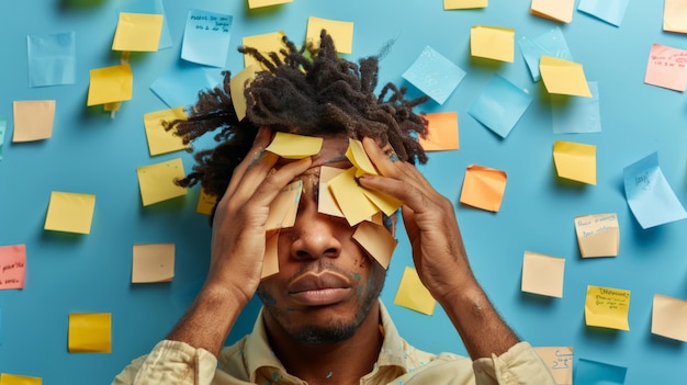 El rostro del hombre cubierto de notas de todo postit con las manos agarrando el cabello en la cabeza