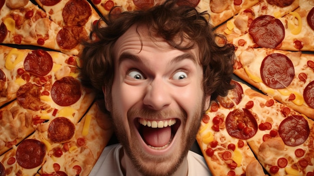 El rostro de un hombre feliz rodeado de rebanadas de pizza