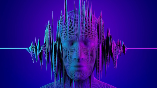Rostro humano digital 3d en flujo de onda de datos de sonido abstracto Futurista tenía sobre fondo azul Metaverso